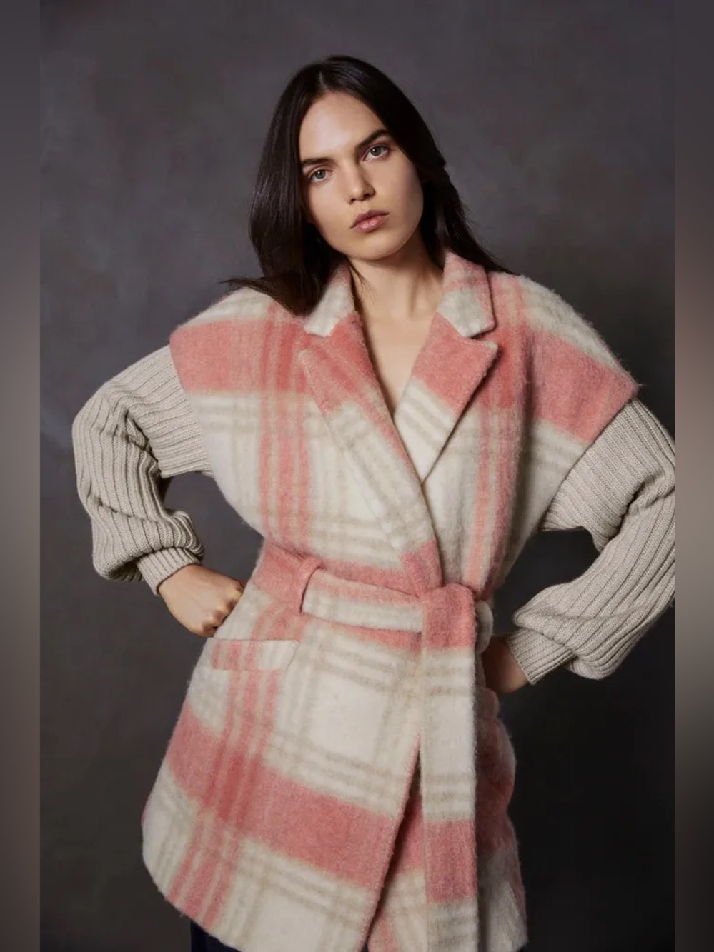 cinq à sept pink plaid partial wool sweater coat